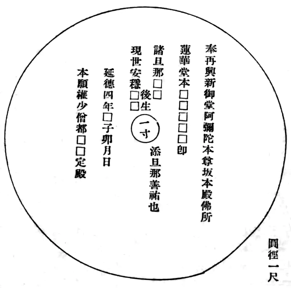奉再興新御堂阿弥陀本尊坂本殿仏所　蓮華堂本□□□□□即　諸旦那□□ 現世安穏□□ 後生 一寸　添旦那善祐也延徳四年（1492年）□子卯月日　本願維少僧都□□定殿
