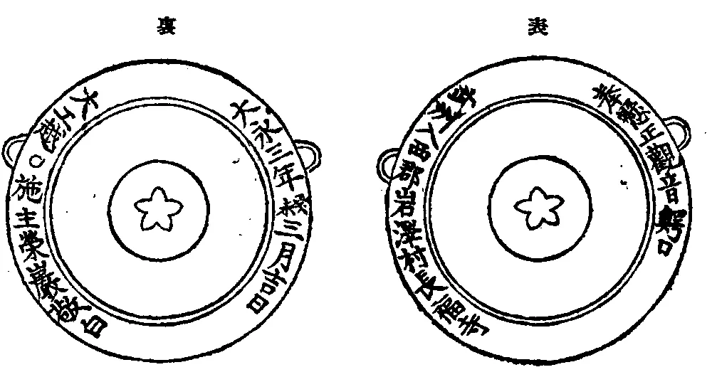 ［表］奉懇正観音鰐口 武州入間郡岩沢村長福寺 ［裏］大永三年（1523年）癸未三月吉日 大工越〇 施主栄厳敬白