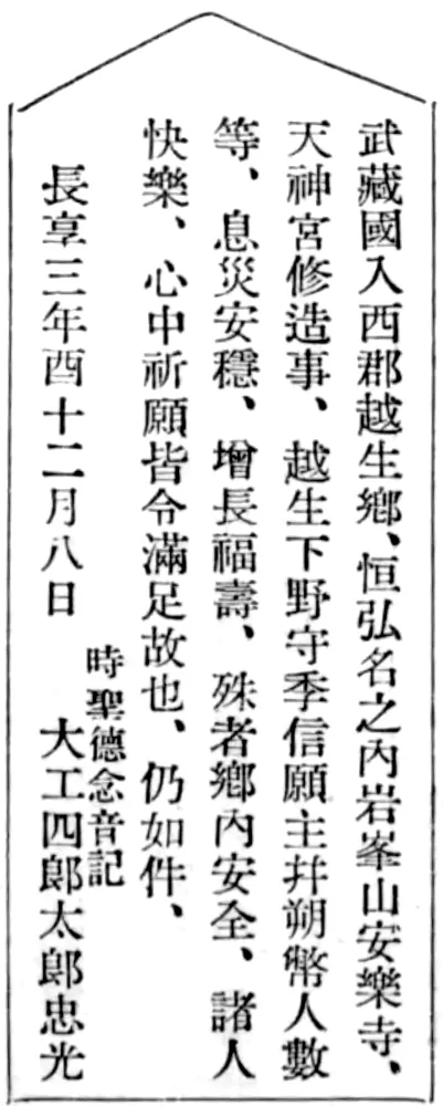 武蔵国入西郡越生郷、恒弘名之内岩峯山安楽寺、天神宮修造事、越生下野守季信願主幷朔幣人数等、息災安穏、増長福寿、殊者郷内安全、諸人快楽、心中祈願皆令満足故也、仍如件、 長享三年酉十二月八日 時聖徳念音記 大工四郎太郎忠光