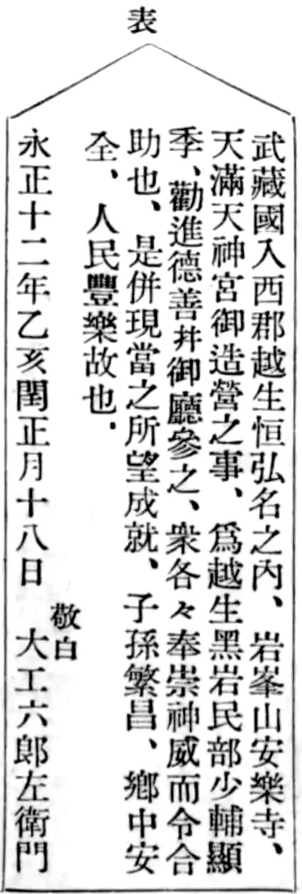 表 武蔵国入西郡越生恒弘名之内、岩峯山安楽寺、天満天神宮御造営之事、為越生黒岩民部少輔顕季、勧進徳善幷御庁参之、衆各々奉崇神威而令合助也、是併現当之所望成就、子孫繁昌、郷中安全、人民豊楽故也、 永正十二年乙亥閏正月十八日 敬白 大工六郎左衛門