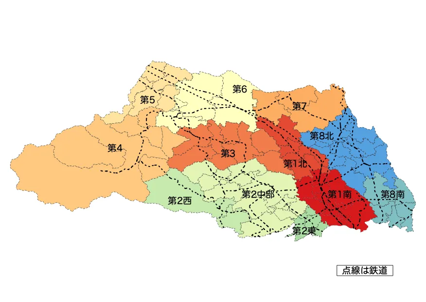 旧通学区域における他通学区域への進学状況の地図